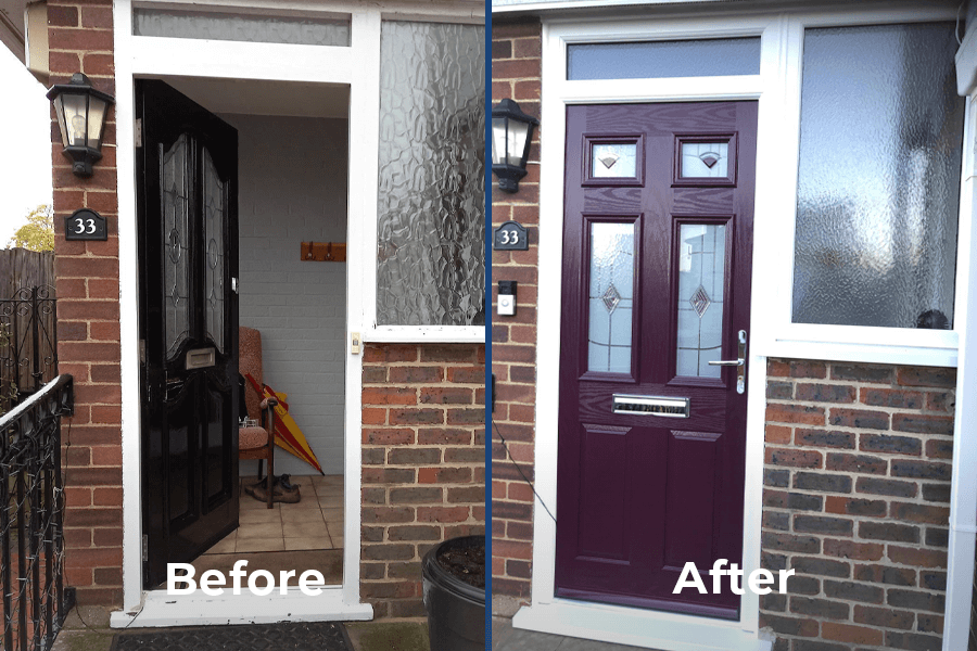 before and after of aubergine composite front door project