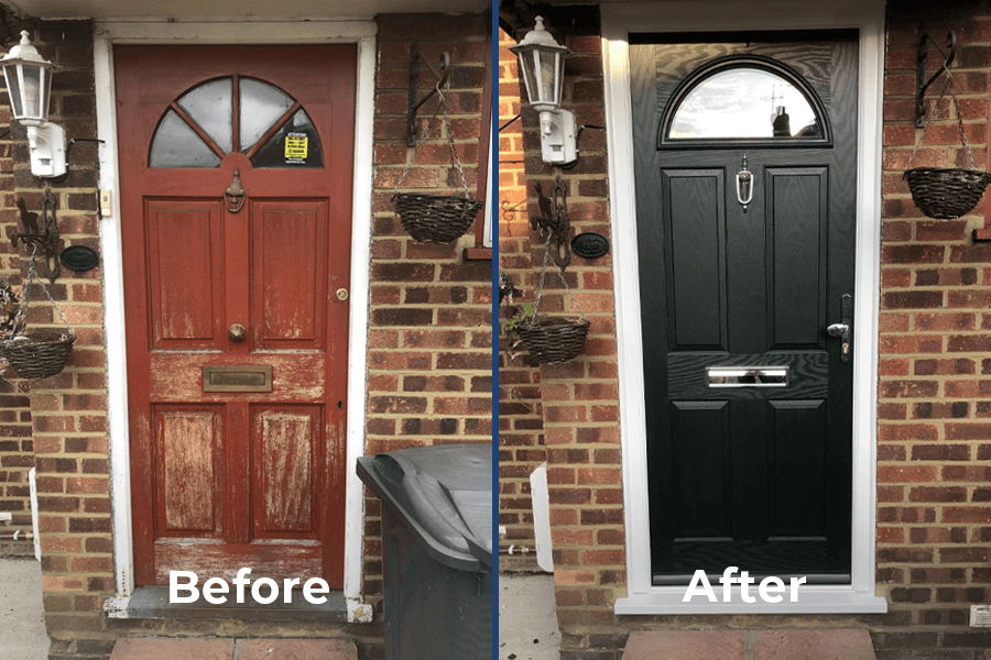 before and after of black composite door project