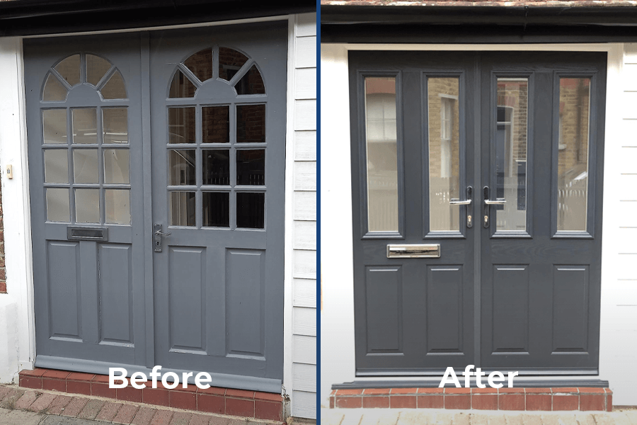 before and after of grey double composite door project