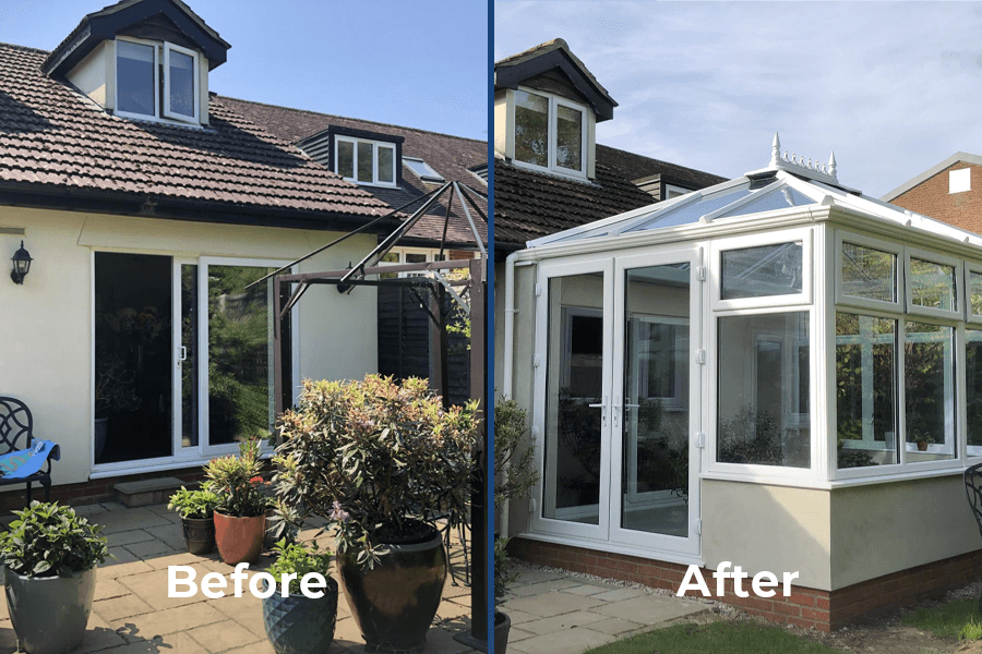 before and after of upvc conservatory with glass roof project