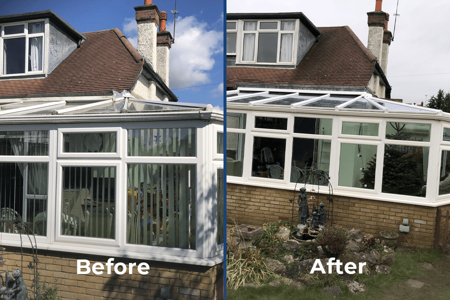 before and after of white upvc glass roof replacement on conservatory project