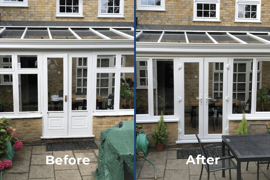before and after of new white upvc windows and door on lean to conservatory project