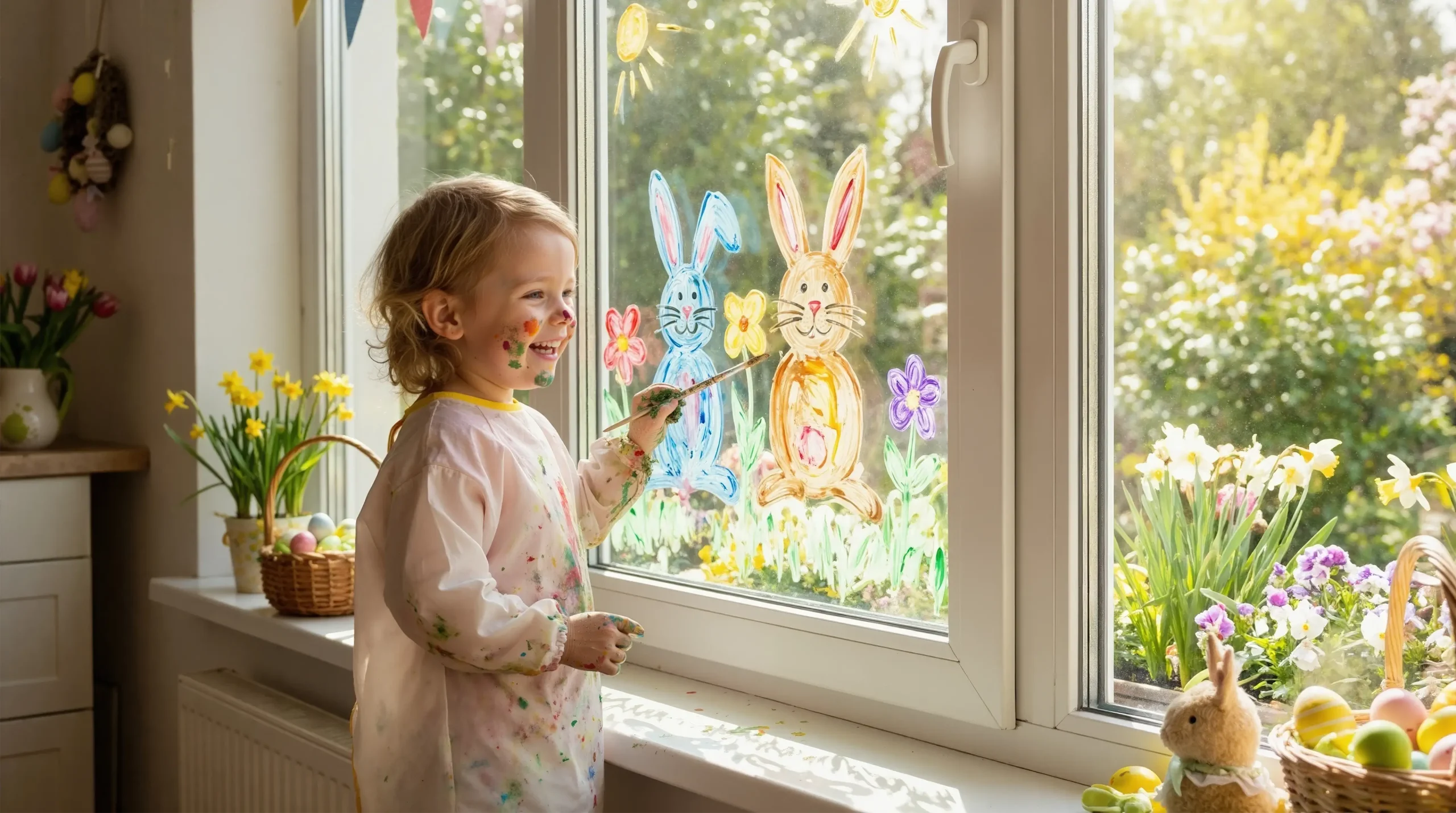 Child painting easter scene on a window